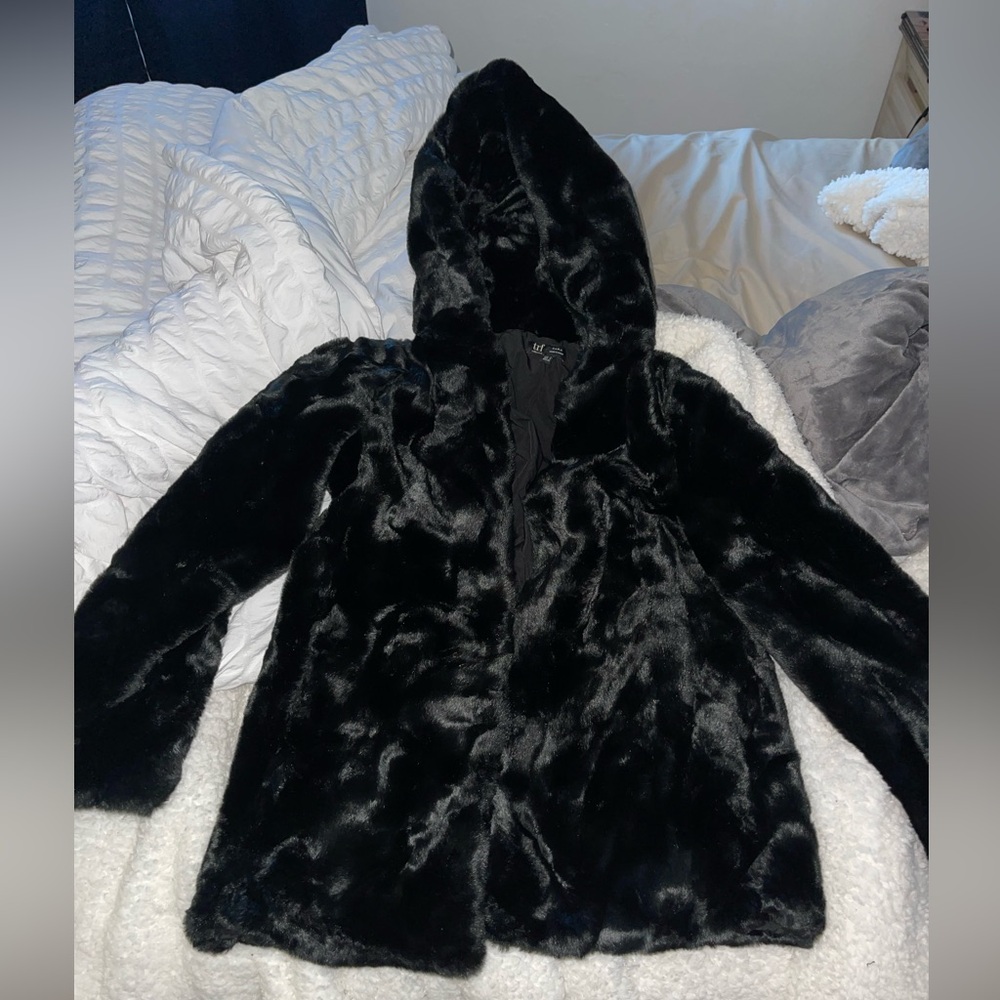 Black Zara faux fur coat with hood